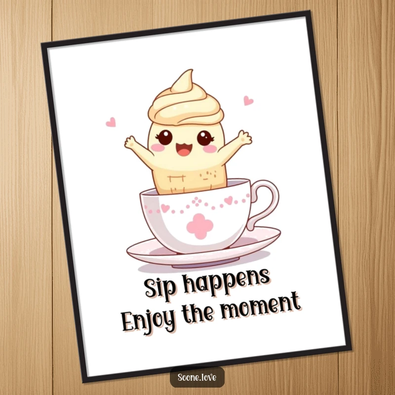 Funny free printable wall art of a kawaii scone joyfully leaping into a delicate teacup. A charming and humorous downloadable art piece.