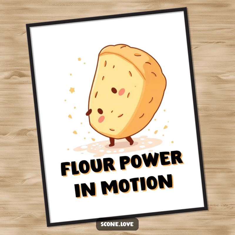 Funny Free Printable Wall Art: Scone Performing Cartwheel, Flour Dust Trail, Baking Acrobatics Humor