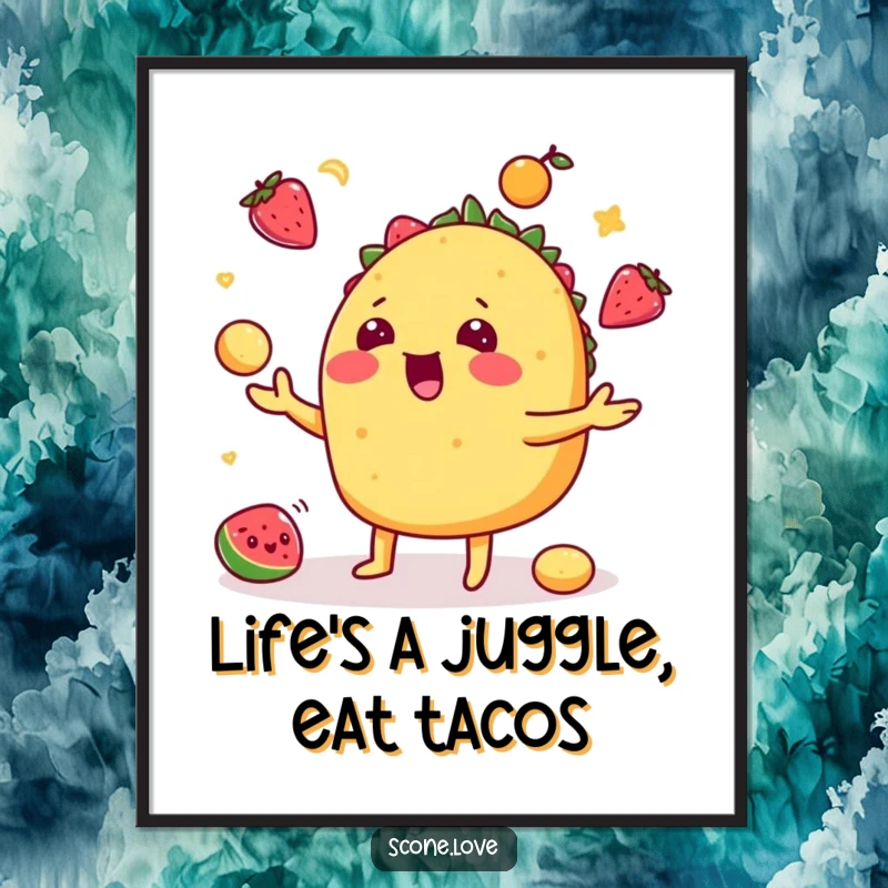 Funny Free Printable wall art of a cheerful taco masterfully juggling assorted fruits with a big smile.