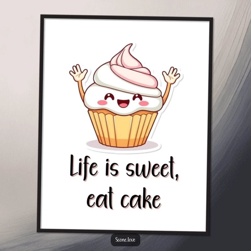Funny free printable wall art of a cheerful cupcake character with arms raised, waving enthusiastically with a big smile.