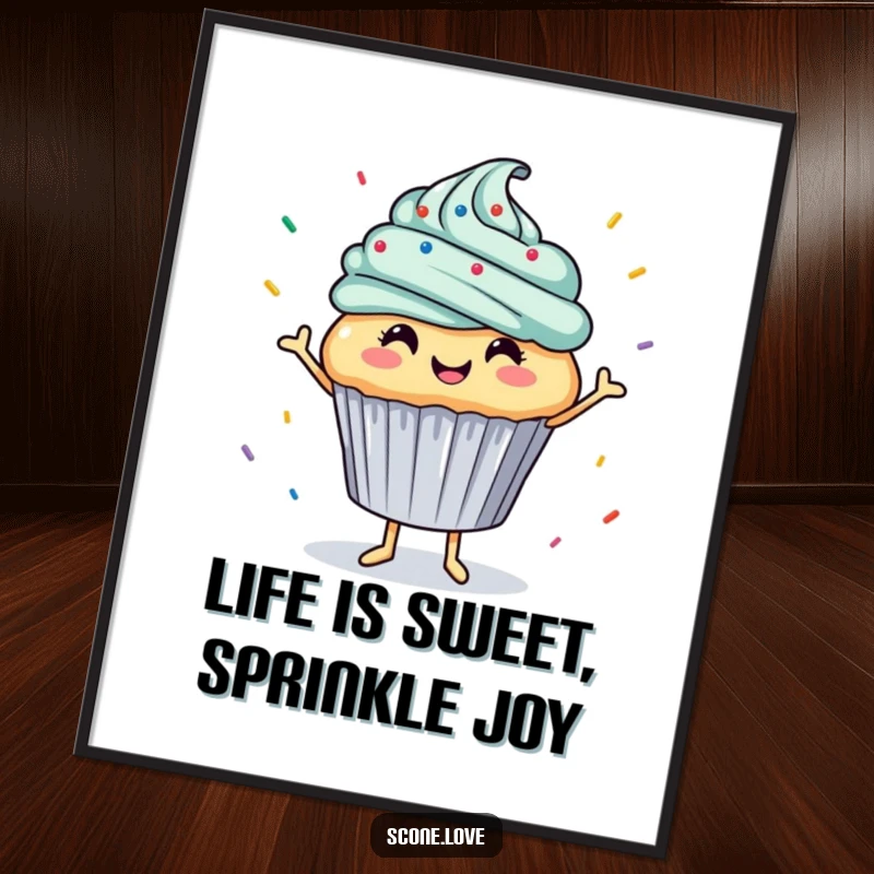 Funny Free Printable Wall Art: A smiling cupcake performs a lively dance with sprinkles showering down. Whimsical downloadable art.