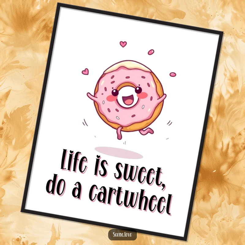 Funny Free Printable Wall Art: A cheerful donut performs a dynamic cartwheel with frosting flying, creating playful downloadable art.