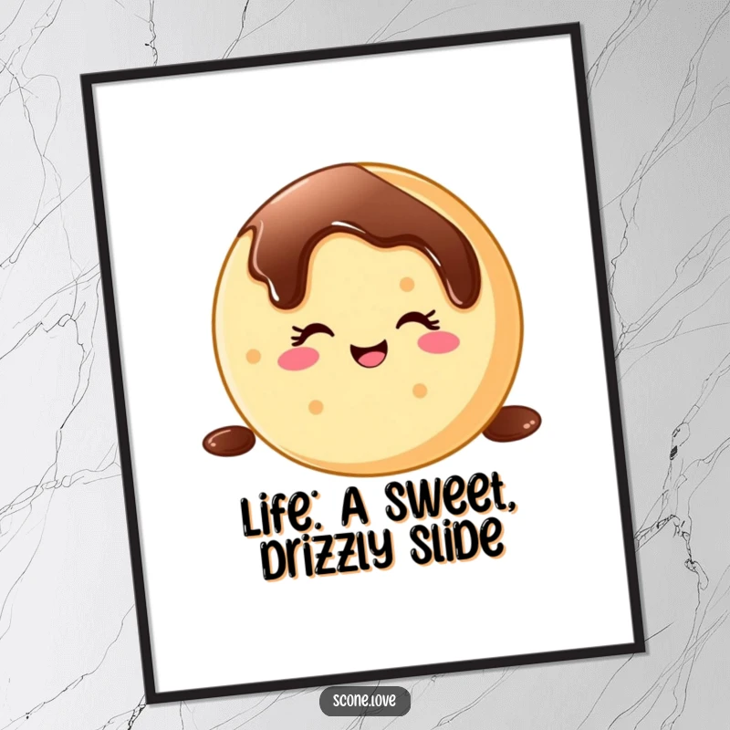 Funny Free Printable Wall Art showing a cartoon donut winking as it slides down a chocolate drizzle, perfect for kitchen decor.