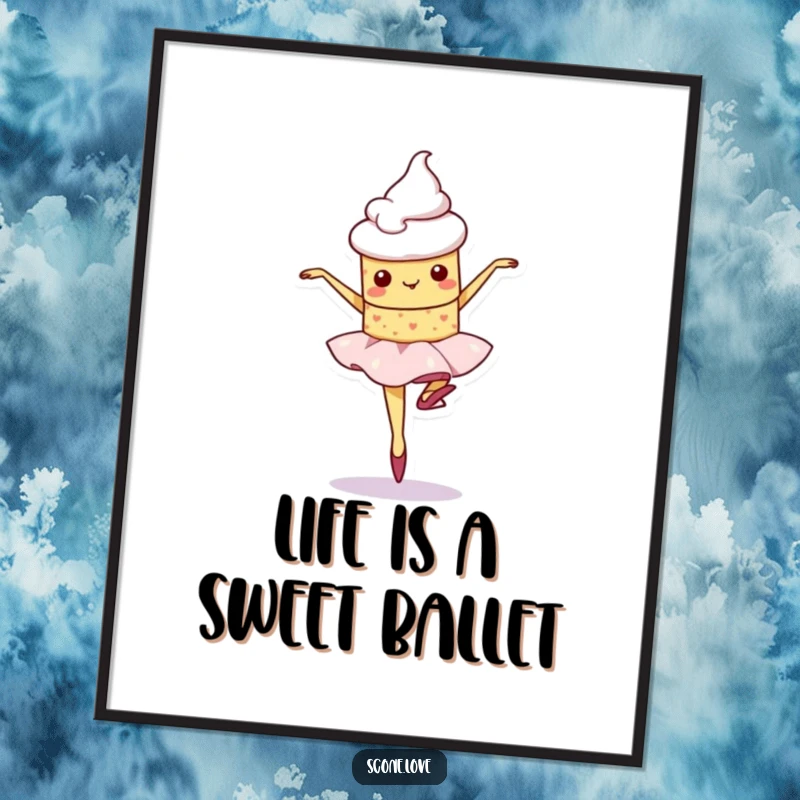 Funny Free Printable Wall Art: A kawaii scone character wobbles gracefully while attempting a ballet pirouette, embodying cute imperfection.