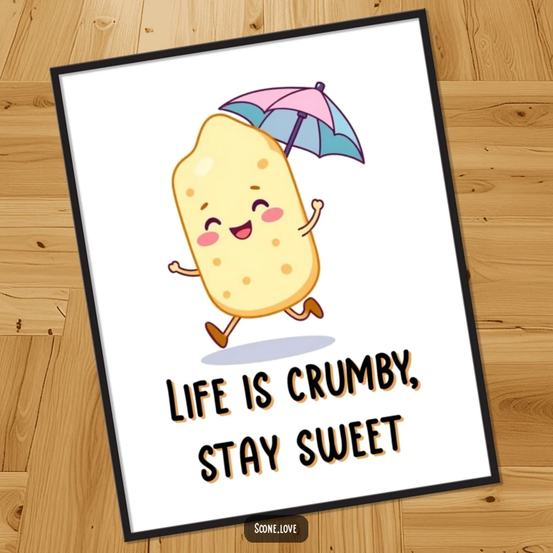 Funny Free Printable Wall Art: A smiling scone character skips with pure joy, holding a tiny umbrella against a cheerful backdrop.