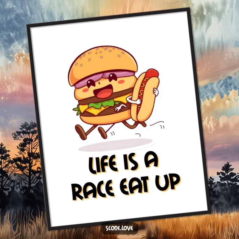 Funny Free Printable Wall Art: A hamburger with legs sprints past a hot dog in a comical race, adding humor to any room.