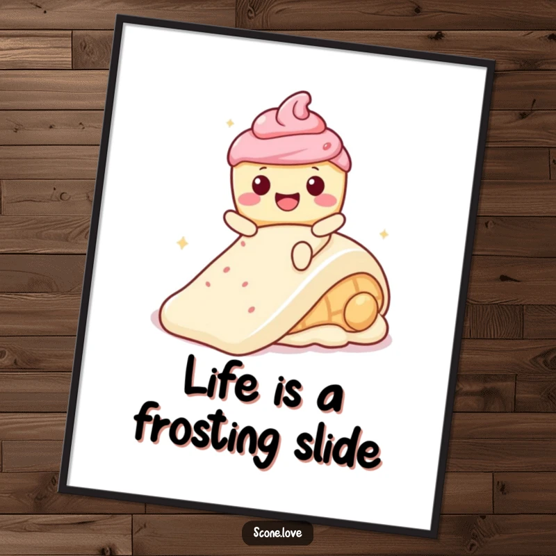 Funny Free Printable Wall Art: Kawaii scone with a wide smile joyfully sliding down a delicious frosting slide.