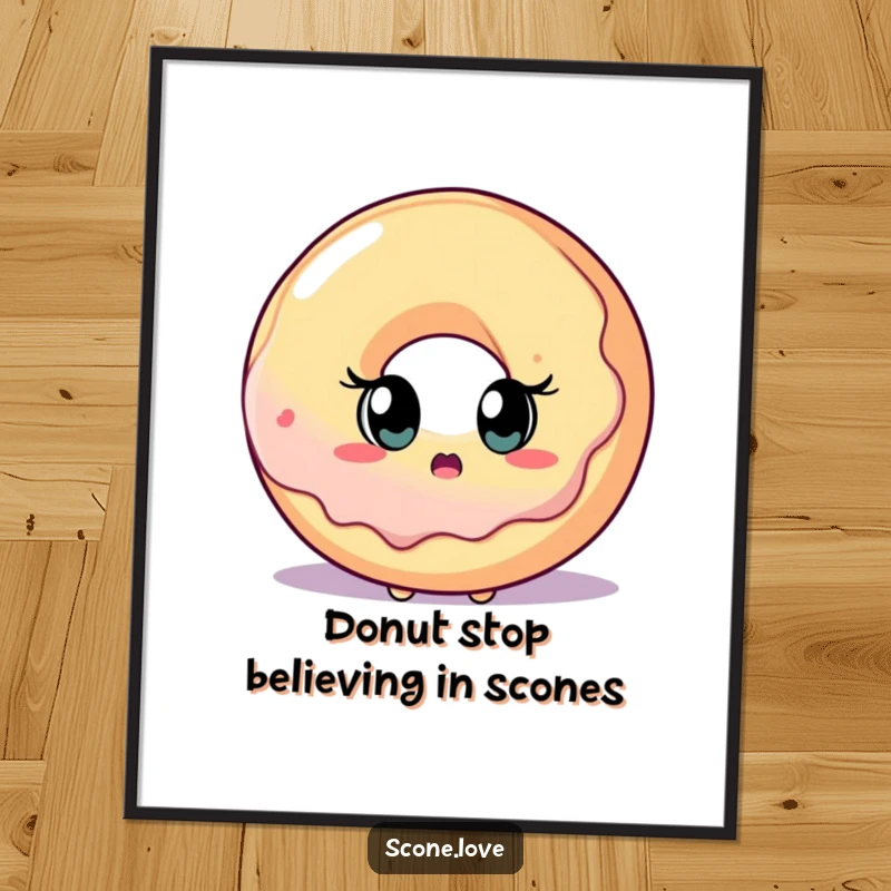 Funny Free Printable Wall Art: A scone with surprised eyes stares at a giant donut, a downloadable piece of humorous art.