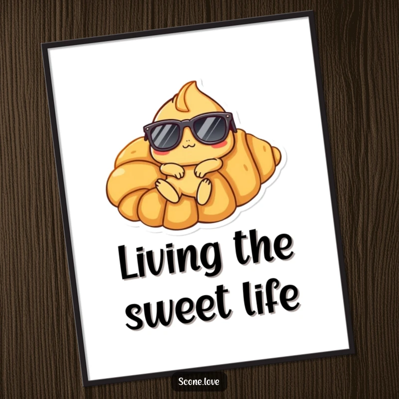 Funny Free Printable Cool Scone Wall Art: A scone wearing sunglasses lounges casually on a giant croissant, exuding sweet chill vibes.