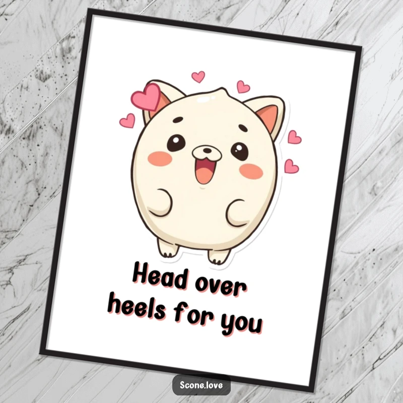 Funny Free Printable Love Scone Wall Art: A scone character beams joyfully, with hearts floating around its head, radiating love and happiness.