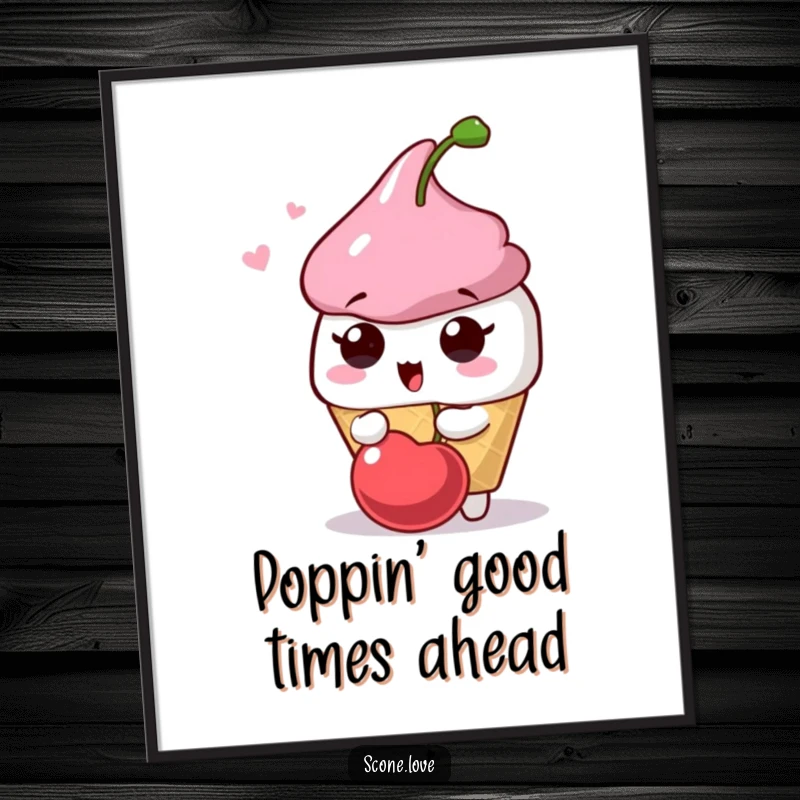 Funny Free Printable Surprised Scone Wall Art: A scone looks wide-eyed with surprise as a cherry playfully pops nearby, a whimsical scene.