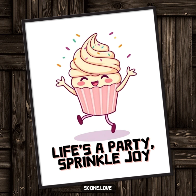 Funny Free Printable Wall Art: A whimsical cupcake performing a joyful jig, sprinkles exploding in a festive shower. Lively decor.