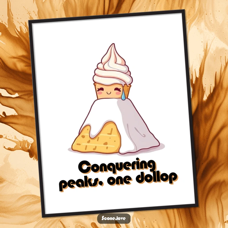 Funny Free Printable Wall Art: Scone with sweat drops, straining to climb a large whipped cream mountain, a humorous and relatable piece.