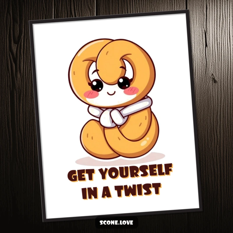 Funny Free Printable Wall Art: A smiling pretzel with intense focus ties its own knot, creating a humorous and relatable piece.