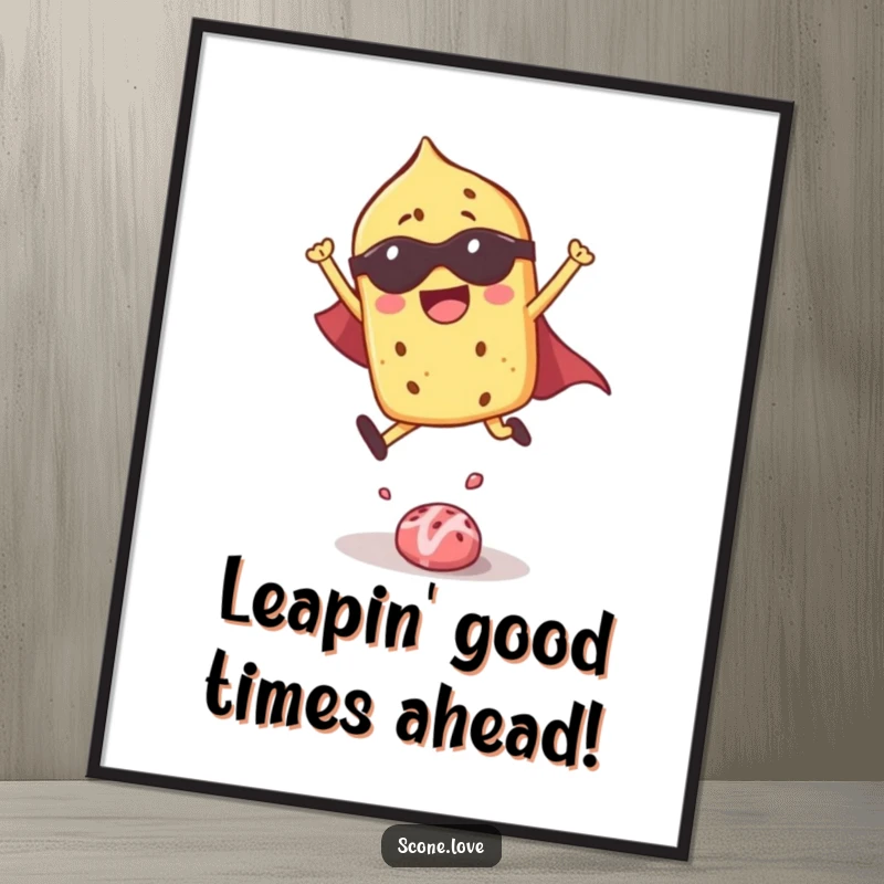 Funny Free Printable Superhero Scone wall art, a scone in a cape leaping with power, heroic and playful.