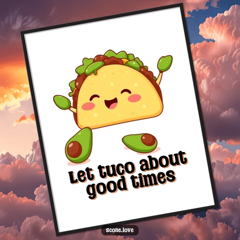 Funny Free Printable Wall Art: A happy taco juggles three tiny avocados masterfully with its shell.