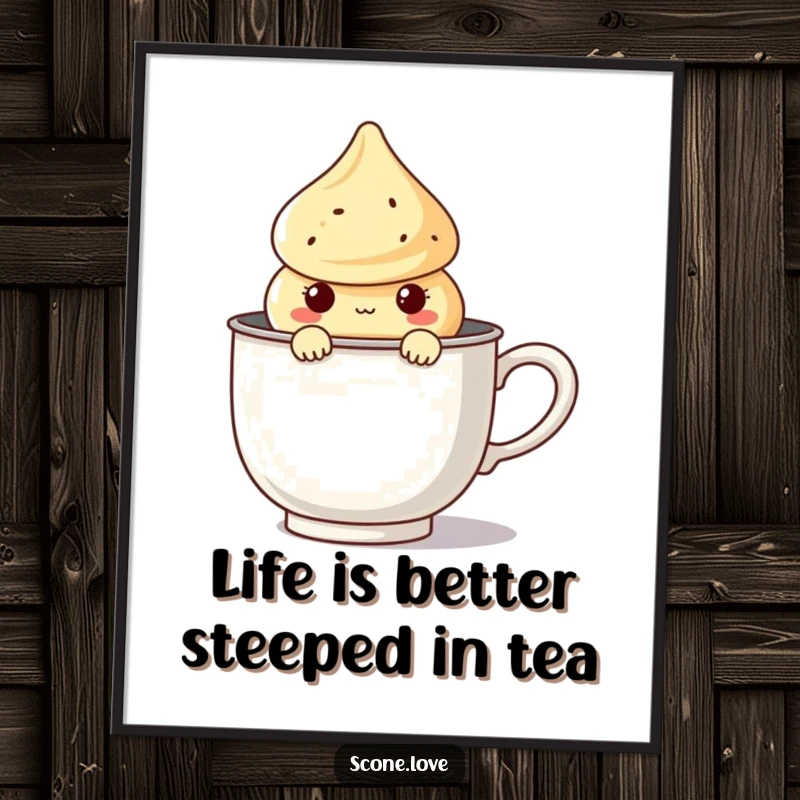Funny free printable wall art: A kawaii scone character peeks out from a very large tea infuser.