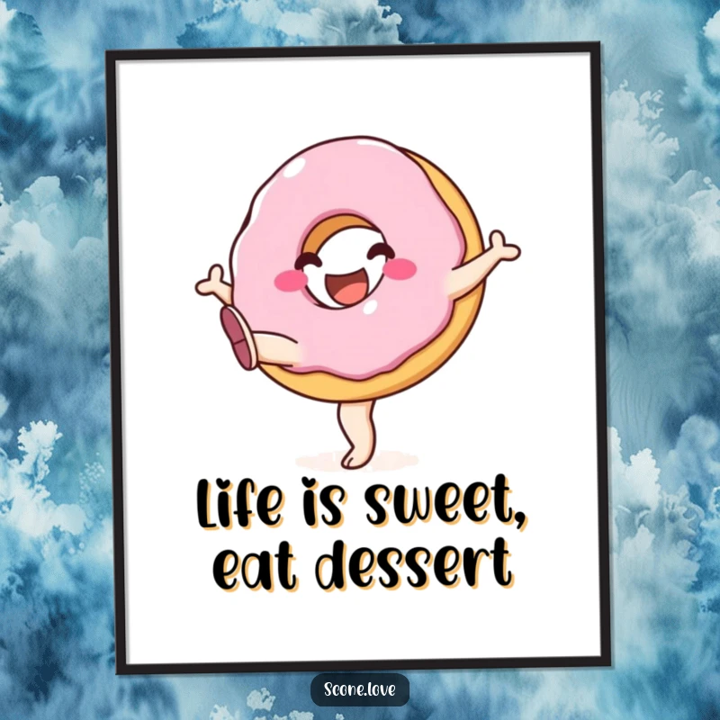 Funny Free Printable Wall Art: A joyful donut kicking its legs exuberantly in the air, radiating happiness. Playful art.