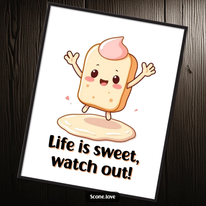 Funny Free Printable Wall Art: A kawaii scone character with arms waving, leaping dynamically over a frosting puddle, full of energy.