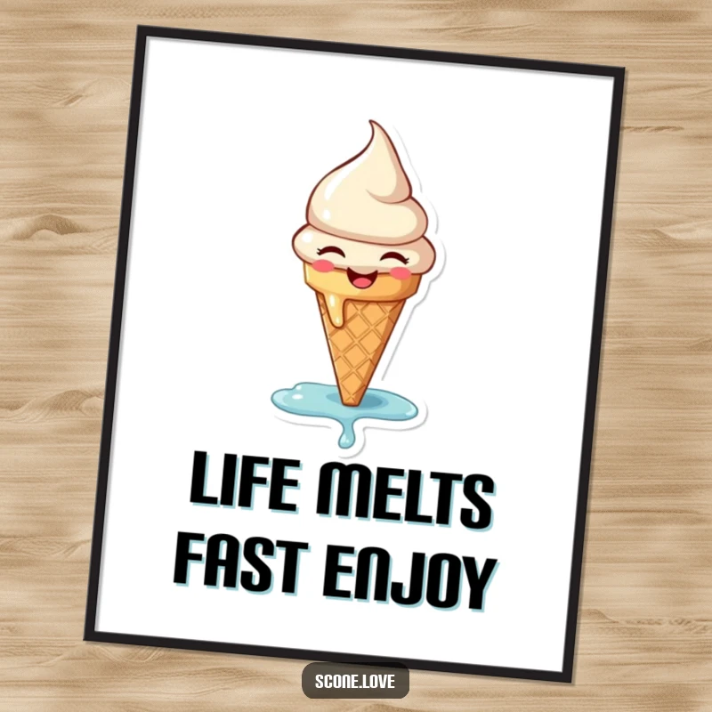 Funny Free Printable Wall Art: A tiny, happy ice cream cone melts with sheer joy, creating a sweet and humorous visual.