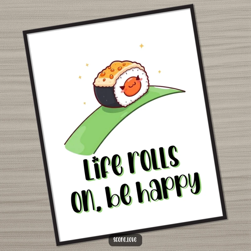Funny free printable wall art illustrating a happy sushi roll character rolling down a gentle slope with a contented expression.