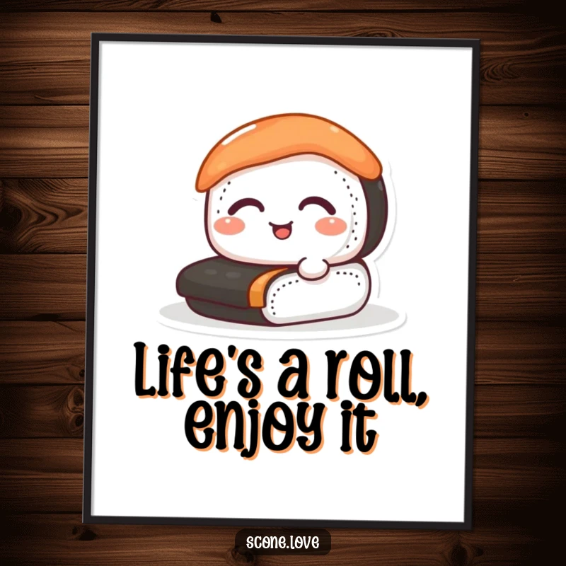 Funny Free Printable wall art featuring a happy sushi roll with eyes closed, mid-roll, looking delighted.
