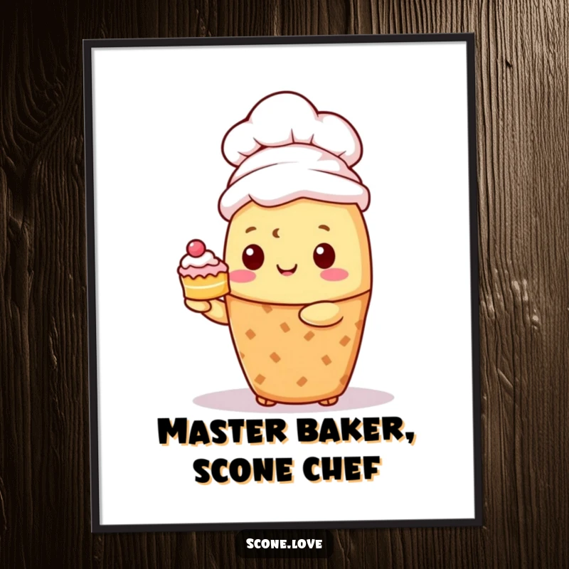 Funny free printable wall art of a kawaii scone wearing a chef hat and proudly holding a tiny cake. A humorous and sweet downloadable piece.