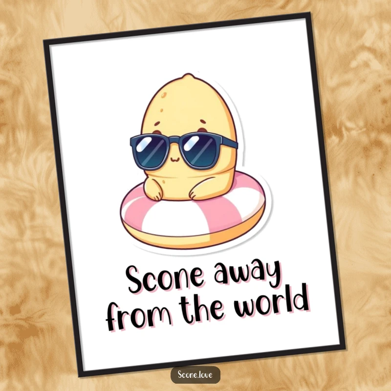 Funny Free Printable Wall Art: A scone with sunglasses relaxes on a tiny beach float, a downloadable piece of cool, humorous art.