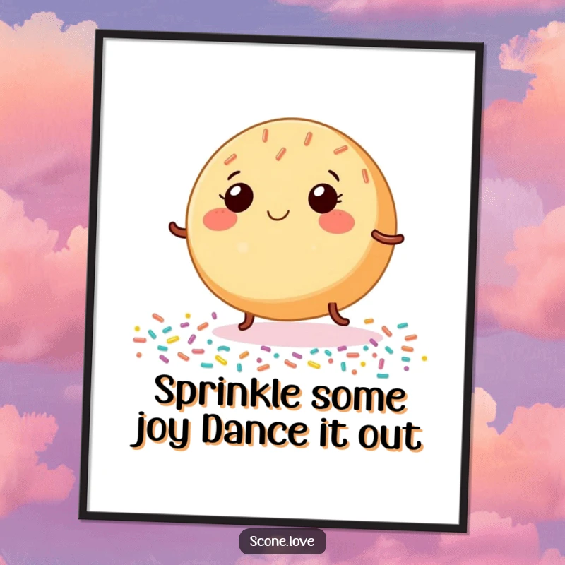 Funny Free Printable Wall Art of a round baked good with tiny legs happily dancing on a colorful sprinkle-covered surface.