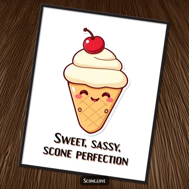 Funny free printable wall art of a kawaii scone topped with a cherry, issuing a playful wink. A charming and downloadable art piece.