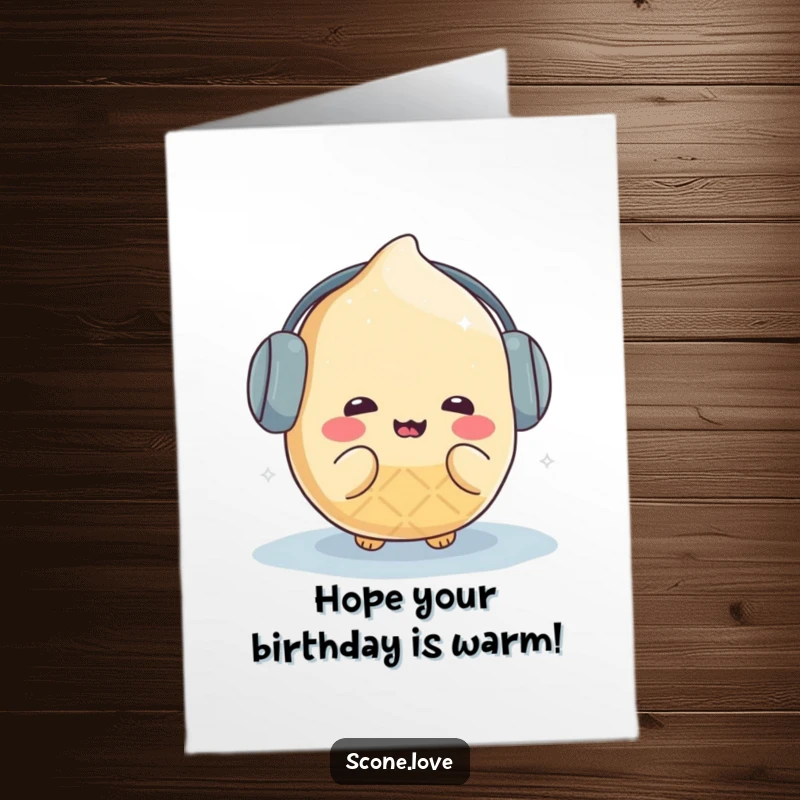 Funny Free Printable Birthday Card: Kawaii Scone in Earmuffs Shivering in the Cold
