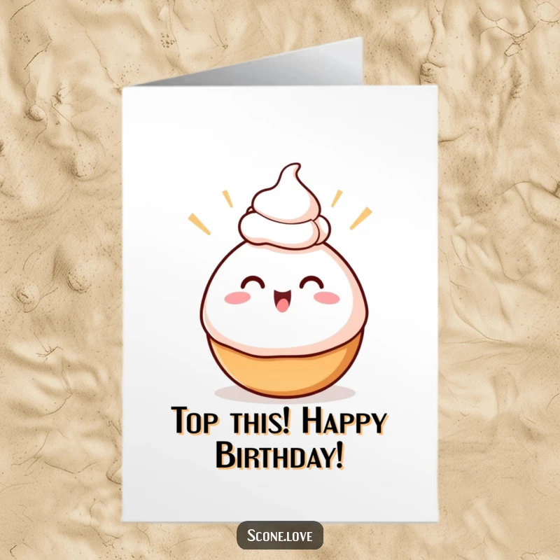 Funny Free Printable Birthday Card: A baked good with excited swirls balancing a dollop of cream on its head.