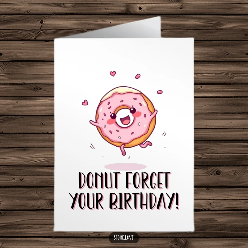 Funny Free Printable Birthday Card: A cheerful donut does a cartwheel with frosting flying, wishing a happy birthday celebration. Sweetly funny.