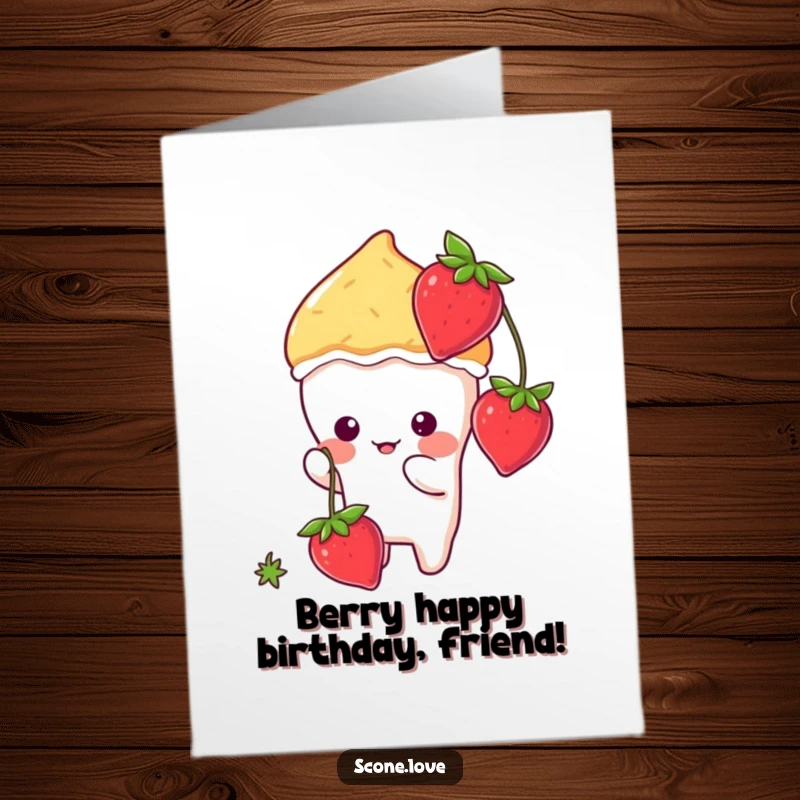 Funny Free Printable Birthday Card Titled: Kawaii Scone Playfully Batting at a Strawberry