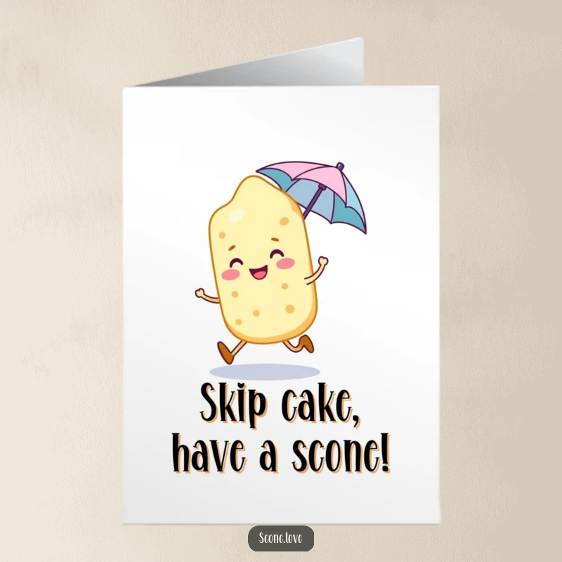 Funny Free Printable Birthday Card: A smiling scone character happily skips along, holding a tiny umbrella, radiating pure joy.