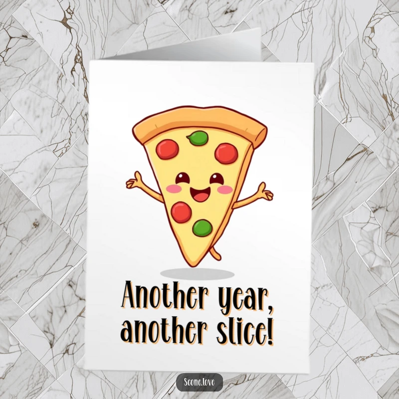 Funny Free Printable Birthday Card: A smiling pizza slice triumphantly dances, crust held high in celebration.