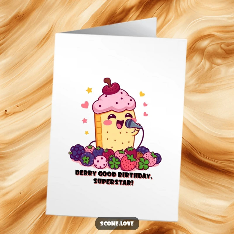 Funny Free Printable Birthday Card: A scone with a microphone belts out a tune to an adoring crowd of berries, celebrating a birthday.