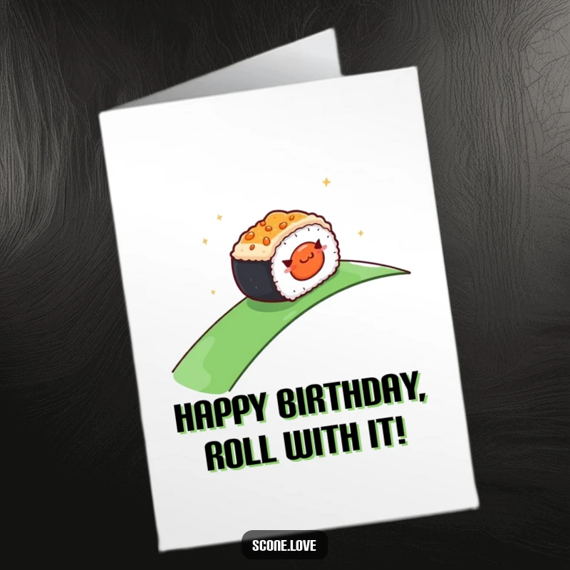Funny free printable birthday card showing a happy sushi roll character gracefully rolling down a gentle hill with a smile.