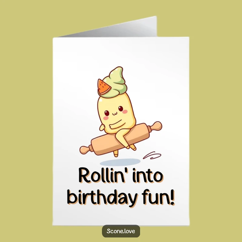 Free Printable Kawaii Scone Birthday Card: Funny Rolling Pin Ride Downloadable