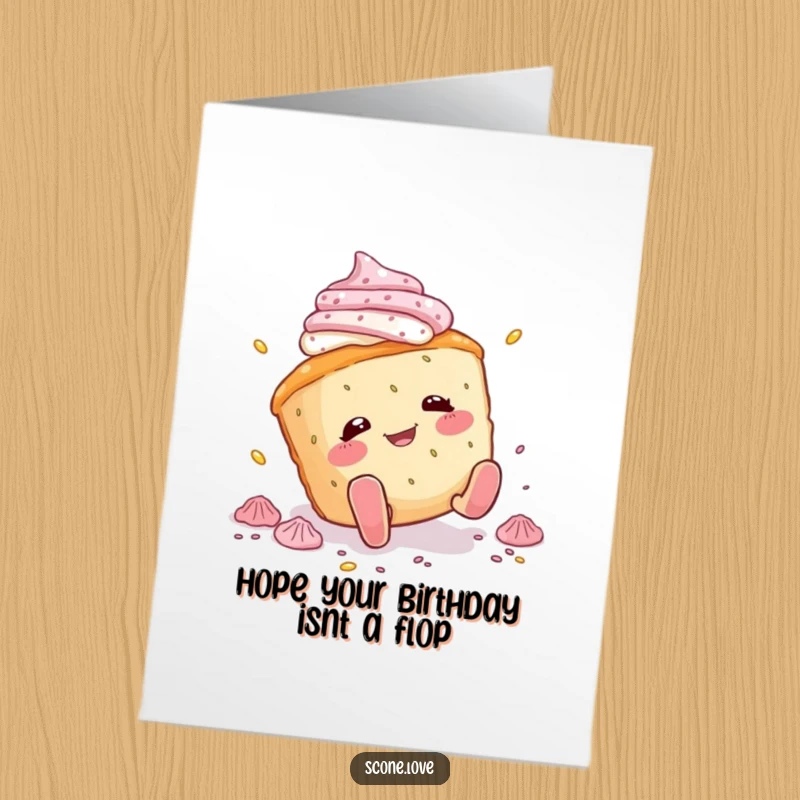 Funny Free Printable Birthday Card showing a scone comically tripping, icing flying everywhere, with a look of surprise.
