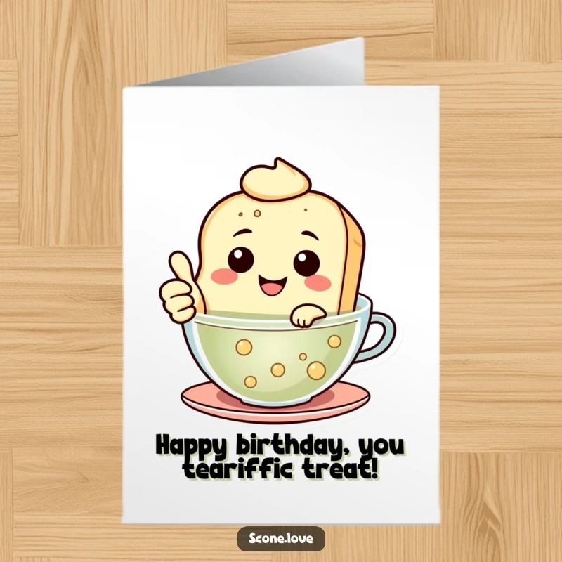 Funny Free Printable Birthday Card: Smiling Scone Floating in Tea, Thumbs Up, Relaxed Humor