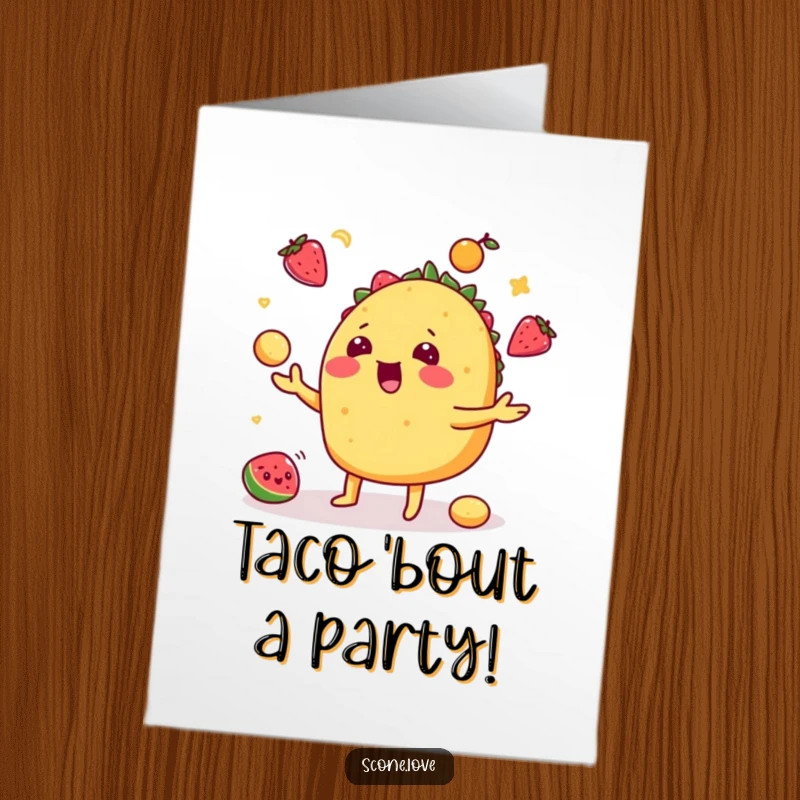 Funny Free Printable birthday card showing a playful taco juggling colorful fruit with a mischievous grin.