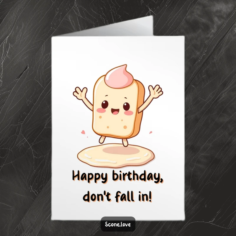 Funny Free Printable Birthday Card: Kawaii scone waving arms, leaping over a frosting puddle, celebrating a birthday with gusto, downloadable gift.