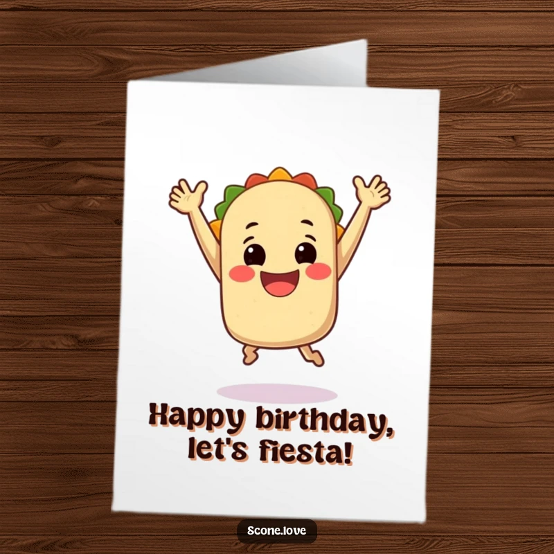 Funny free printable birthday card shows a smiling taco character doing a joyful jump with arms raised high in celebration.