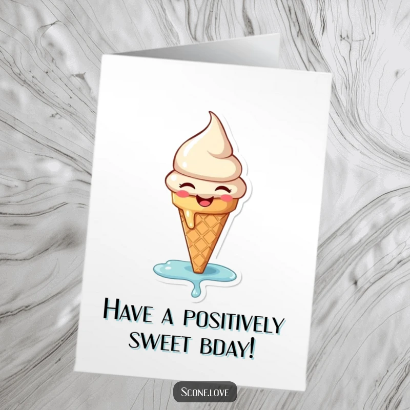 Funny Free Printable Birthday Card: A tiny happy ice cream cone is joyfully melting, spreading sweet birthday cheer.