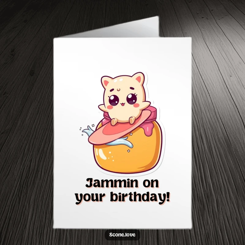 Funny Free Printable Birthday Card: A scone character with wide eyes surfs precariously on a giant jam jar, caught mid-adventure.