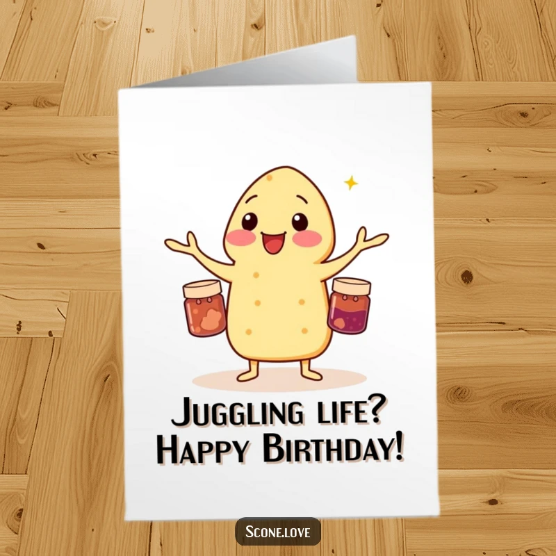 Funny Free Printable Birthday Card: A scone skillfully juggling three small jam jars, celebrating a balanced birthday, easy to print.