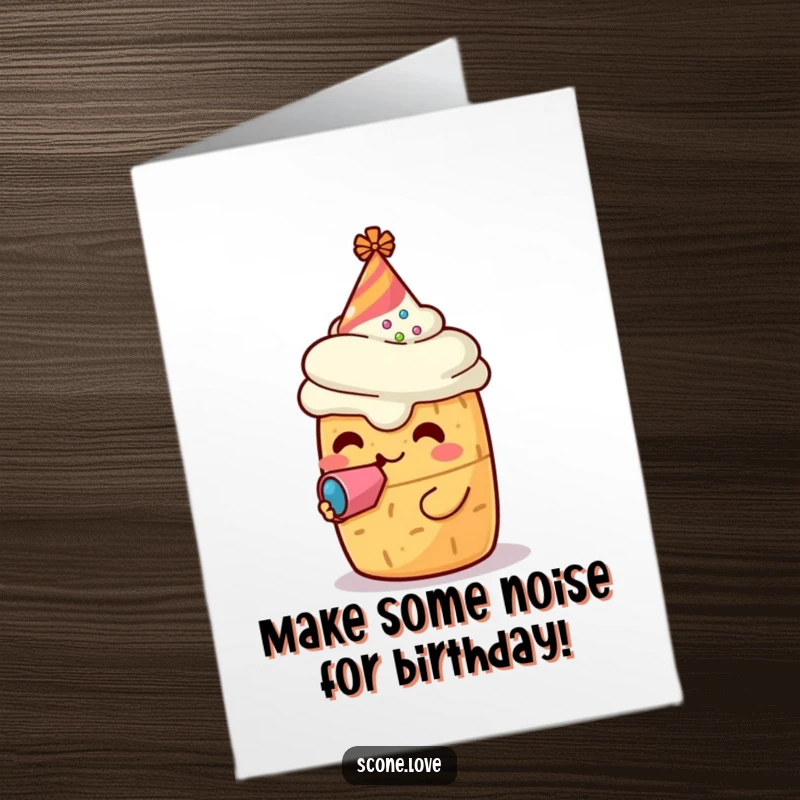 Funny Free Printable Birthday Card: Kawaii scone in a tiny hat blowing a loud noisemaker with festive energy.
