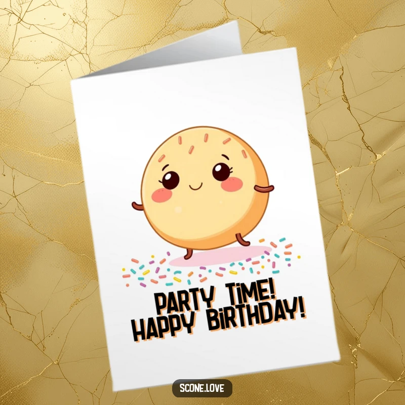 Funny Free Printable Birthday Card: A round baked good with tiny legs joyfully dancing on a surface covered in sprinkles.