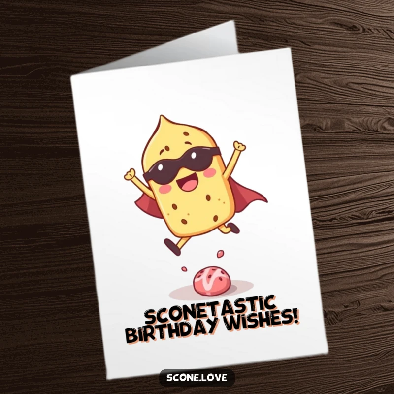 Funny Free Printable Superhero Scone card, a scone in a cape flying over candy, for a happy birthday.